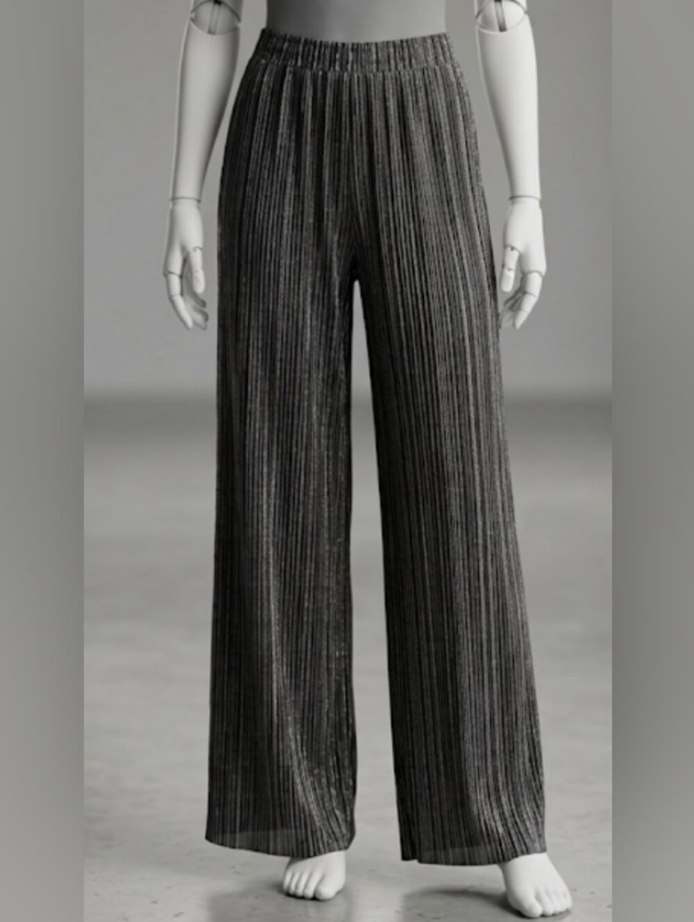 F&F Black Metallic Ribbed Wide-Leg Pants (Sz 8) Relaxed Elastic Waist Comfy Chic